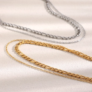 Double-layered 18K gold and silver plated stainless steel necklaces with Figaro chains