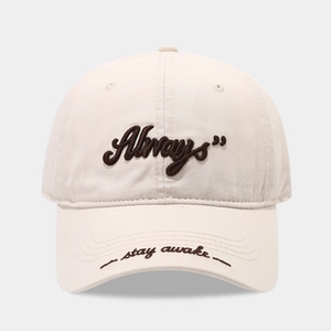 Minimalist beige cotton baseball cap with Always and Stay Awake embroidery detail