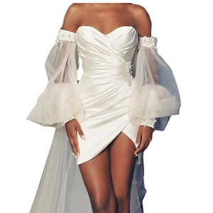 Short white off-shoulder bridal dress with silk satin fabric and puffy tulle sleeves