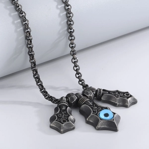 Punk style stainless steel necklace with vintage blue evil eye pendant on silver chain