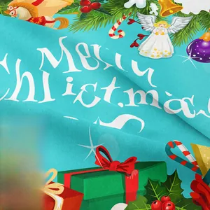 Close-up of Christmas tapestry fabric showing Merry Christmas print and woven texture