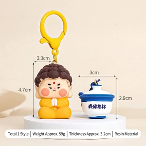 Cute resin Buddha keychain with mini tea cup charm and yellow lobster clasp for bags