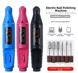 Detail view of electric nail drill set with 6 drill bits and 5V USB cable power supply