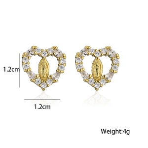 Detail shot of heart earrings measuring 1.2cm by 1.2cm with gold relief and zircons