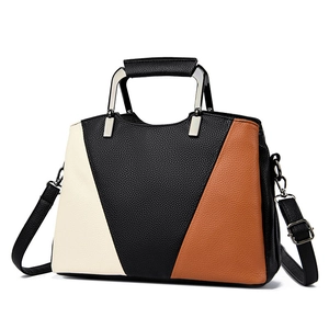 Minimalist tricolor patchwork tote bag with lychee texture and detachable shoulder strap