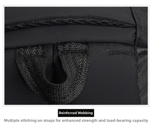 Close-up of reinforced bartack stitching on backpack shoulder straps for durability