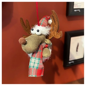 Detail of Christmas reindeer ornament with red hat and plaid scarf for tree decoration