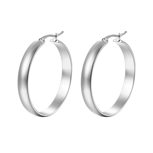 Polished silver stainless steel hoop earrings with hinged clasp for women on white background