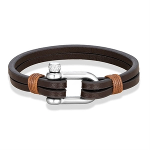 Bracciale retrò in pelle marrone a doppio strato con chiusura a ferro di cavallo argento