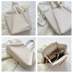Collage of cream PU leather tote bag showing spacious interior and multi-angle views