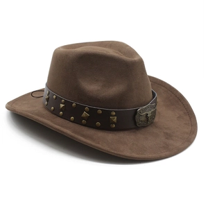 Close-up of brown suede cowboy hat featuring vintage rivets and metal bull head buckle