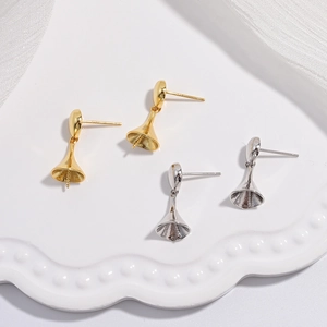 925 Sterling Silver Trumpet Shaped Pearl Base Earring Findings Smooth Mirror Teardrop Bell DIY Earring Components Jewelry Making