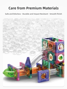 Detail of colorful magnetic marble run blocks with safe materials and smooth edges