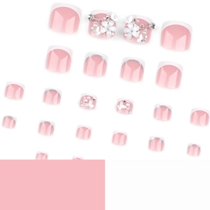 French press-on toenails with 3D white flowers, pearls and silver butterfly accents