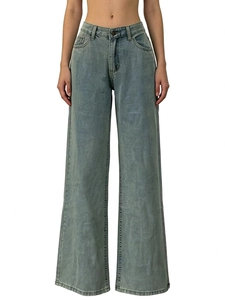 Dettaglio dei jeans a gamba larga a vita alta in lavaggio blu-grigio retrò con trama denim