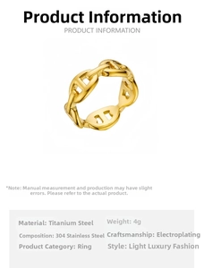 Detail showing 18k gold plated stainless steel H-link chain ring with luxury finish