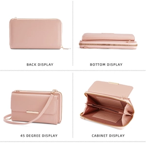 Detailed interior and exterior views of a pink PU leather long wallet with card slots