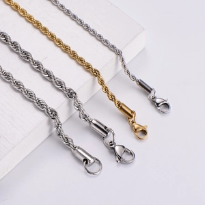 Polished stainless steel rope chain necklaces in gold and silver with lobster clasps