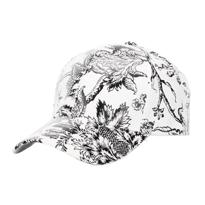 Detailed close-up of ink floral pattern and texture on a premium baseball cap