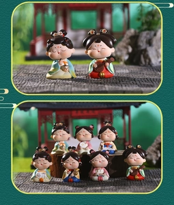 Miniature resin figurines of Tang Dynasty ladies in a classical Chinese garden scene