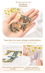 Close-up of baroque letter PET stickers featuring waterproof vintage artistic heraldry
