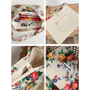 Floral canvas tote bag with large capacity, magnetic closure and inner zipper pockets