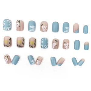 Short matte press-on nails with light blue hand-painted bird and floral patterns