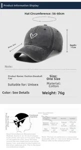 Size guide for washed cotton heart baseball cap showing dimensions and fit details