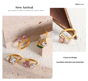 Collage of gold-plated geometric rings featuring colorful zircon stones in various hues