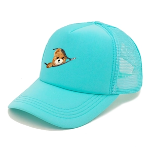Close-up of light blue trucker hat with bear print and breathable mesh back