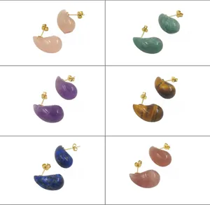 Detail of teardrop natural stone stud earrings set in six various gemstone colors