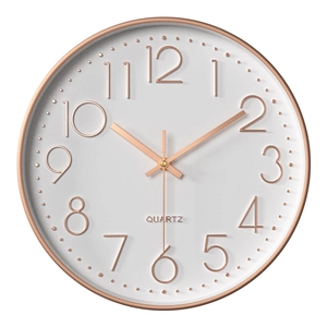 30CM rose gold silent wall clock with 3D Arabic numerals and white quartz dial face