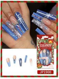 Detail of Christmas press-on nails featuring blue snowflakes, bows and 3D cable knit patterns