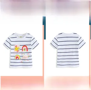 Detailed flat lay of striped girls' cotton t-shirt with rainbow and sun graphic print