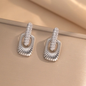 Retro titanium steel square earrings with vertical stripes and centered zircon stones