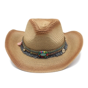 Classic straw western cowboy hat with bohemian colorful beaded band and turquoise accent