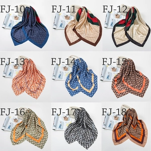 Collage of 90cm satin square scarves with geometric chain prints and classic patterns