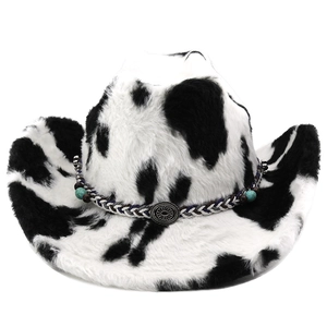 Chapeau de cowboy en peluche à motif vache avec perles turquoise et boucle en métal