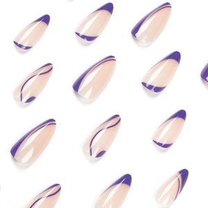 Long almond press on nails with purple French tips and elegant wave line designs
