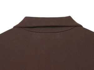 Close-up of the coffee brown polo shirt collar and fine knit texture details