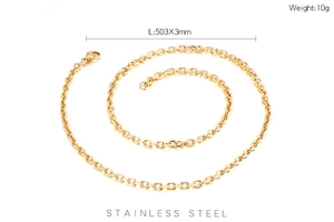 Detail of 3mm gold stainless steel O-chain necklace with dimensions and lobster clasp