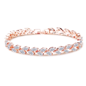 Elegant rose gold leaf bracelet with marquise-cut crystals in a plant aesthetic style
