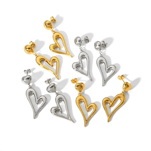 Elegant polished heart shaped stainless steel drop earrings in gold and silver finish