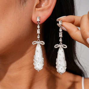Boucles D'oreilles Longues Pendants Noeud Papillon Larme Avec Zircon Et Tige En Argent Cuivre Élégant Pour Femme