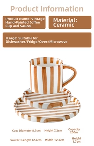 Detailed specs for 200ml ceramic retro striped coffee cup and saucer set with dimensions