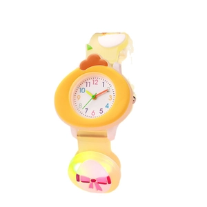 Luminous chick cartoon kids watch with yellow silicone strap and pink bow decoration