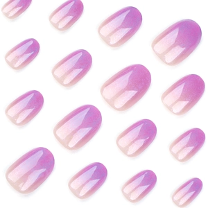 French gradient purple press-on nails with fine glitter and oval shape on white background