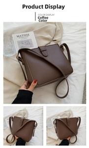 Detail shots of a coffee brown faux leather crossbody bucket bag with flap closure