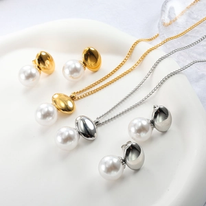 Stainless Steel Necklace And Stud Earrings Elegant Oval Geometric White Artificial Pearl Pendant Minimalist Fashion Style Women