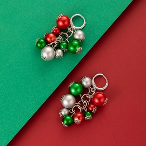 Christmas pearl earrings with red, green, and silver beads on silver metal hooks